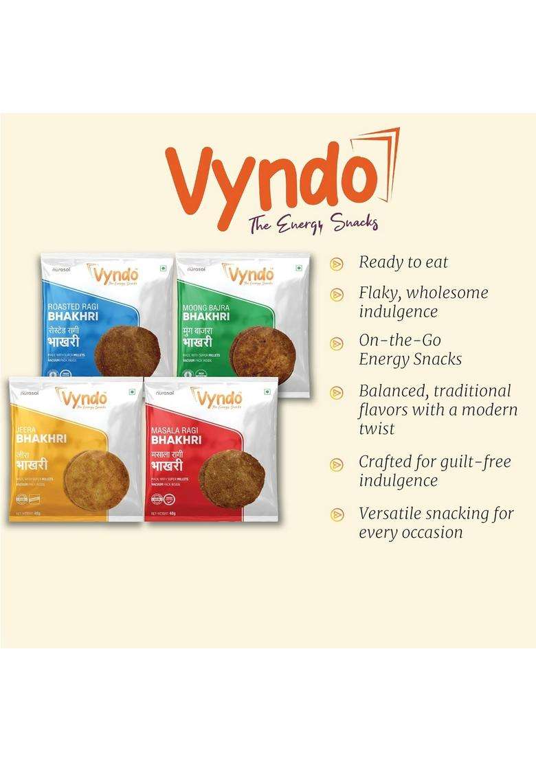 Vyndo Snacks Trial Combo Pack, (4 Bhakhri + 4 Khakhra) Travel-Friendly, Healthy Energy Millet | Gluten Free & Palm Oil Free. - Indya