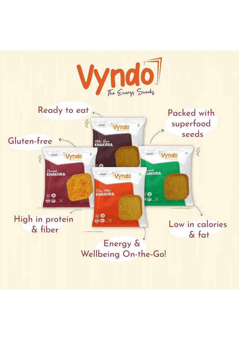 Vyndo Snacks Trial Combo Pack, (4 Bhakhri + 4 Khakhra) Travel-Friendly, Healthy Energy Millet | Gluten Free & Palm Oil Free. - Indya