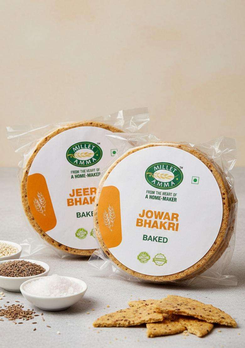 Millet Amma Baked Bhakhri Combo Pack - Jeera And Jowar, Healthy Gujarati Snacks, Ready To Eat, Crispy Baked, Perfect For Tea-Time, Parties Events, No Maida, Preservatives, Of 2 (Each 180G) - Indya