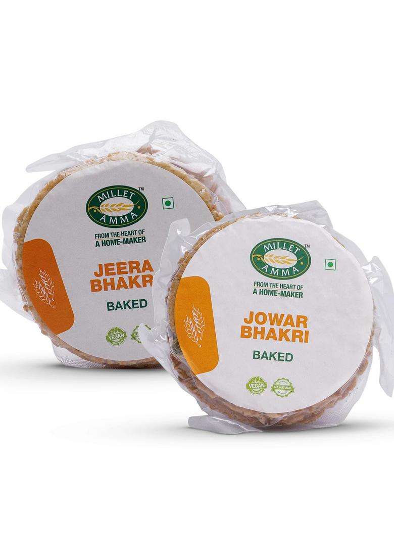 Millet Amma Baked Bhakhri Combo Pack - Jeera And Jowar, Healthy Gujarati Snacks, Ready To Eat, Crispy Baked, Perfect For Tea-Time, Parties Events, No Maida, Preservatives, Of 2 (Each 180G) - Indya