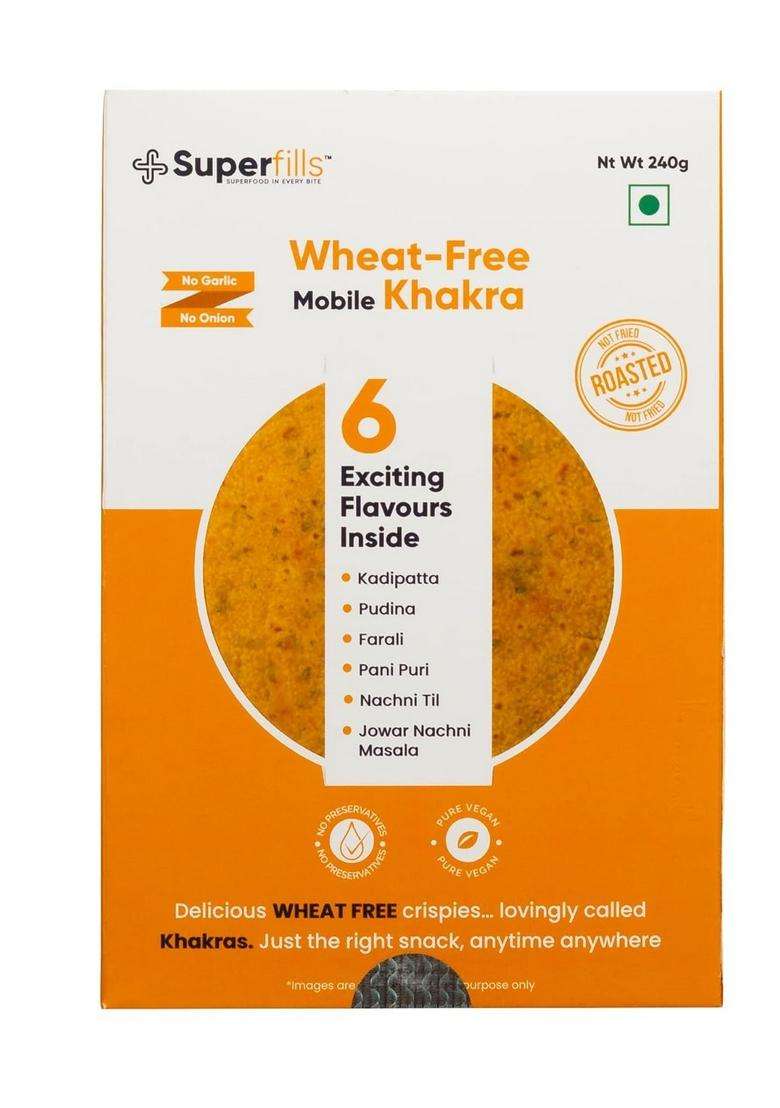 Superfills Mobile Khakra Ready To Eat Natural Ingredients Gujarati Healthy Snack Wheat-Free, No Garlic & Onion Chai Time 240G (Pack Of 1) 6 Flavors In A Pack - Indya