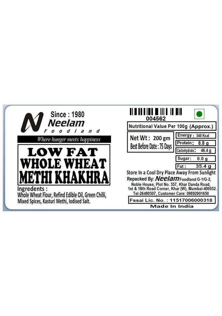 Neelam Foodland Whole Wheat Methi Khakhra Mini, Low Fat, - Indya