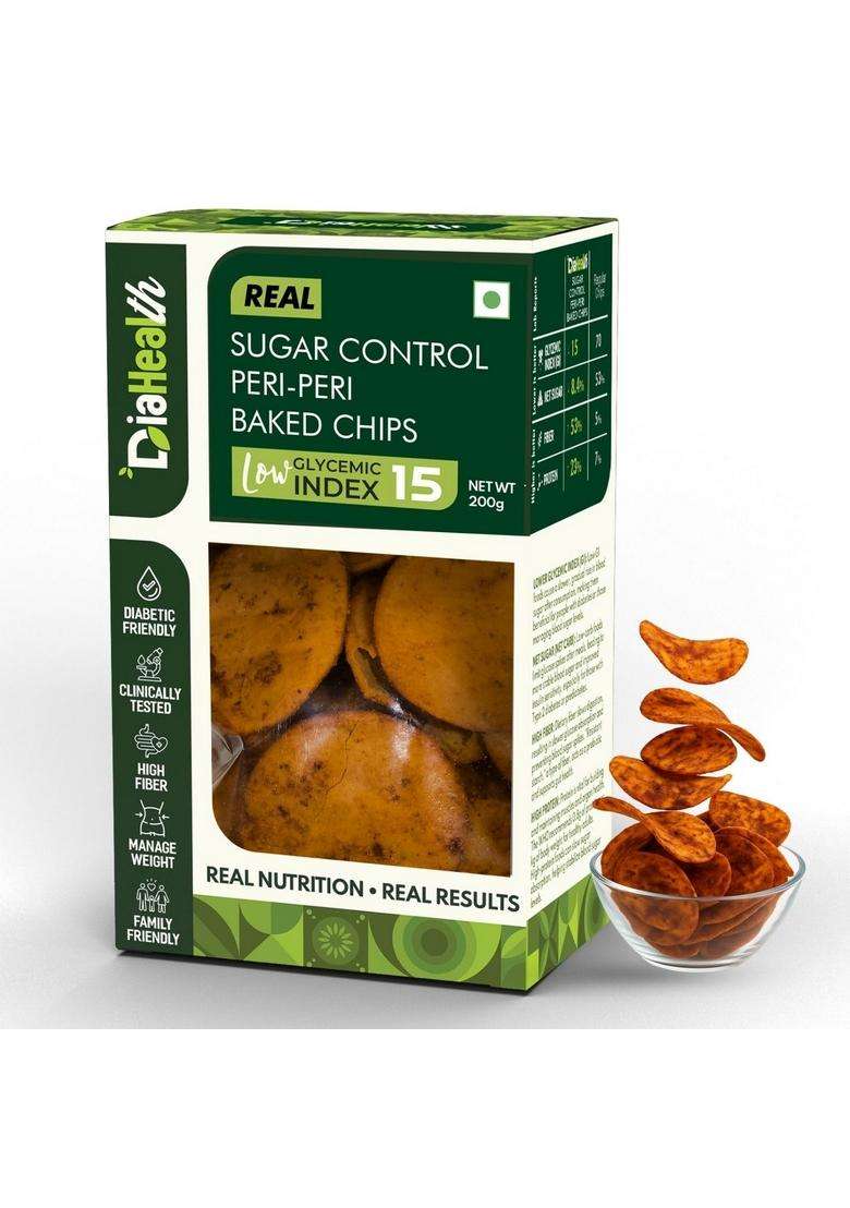 Diahealth Diabetic Care Peri-Peri Baked Chips, 200 Gms, 1 Pack, Low Glycemix Index (15) & High Protein/Serv, Taste Just Like Regular Carb, Prebiotic Fibre, For Diabetics And Weightloss - Indya