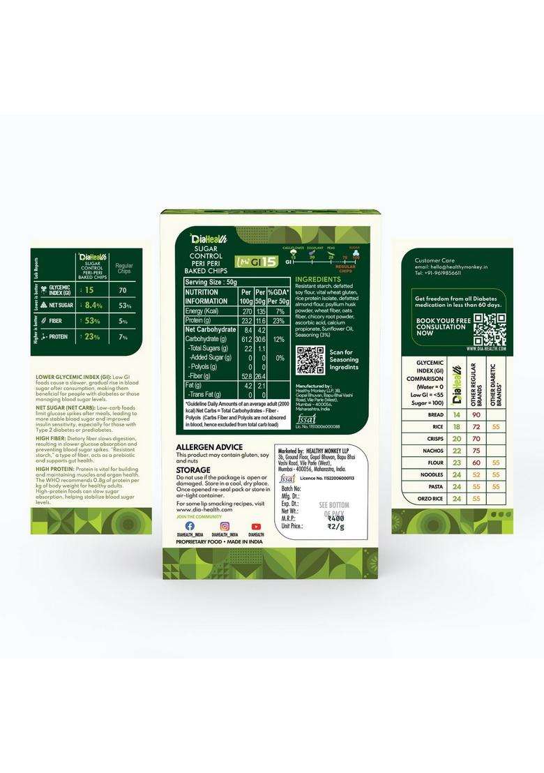 Diahealth Diabetic Care Peri-Peri Baked Chips, 200 Gms, 1 Pack, Low Glycemix Index (15) & High Protein/Serv, Taste Just Like Regular Carb, Prebiotic Fibre, For Diabetics And Weightloss - Indya