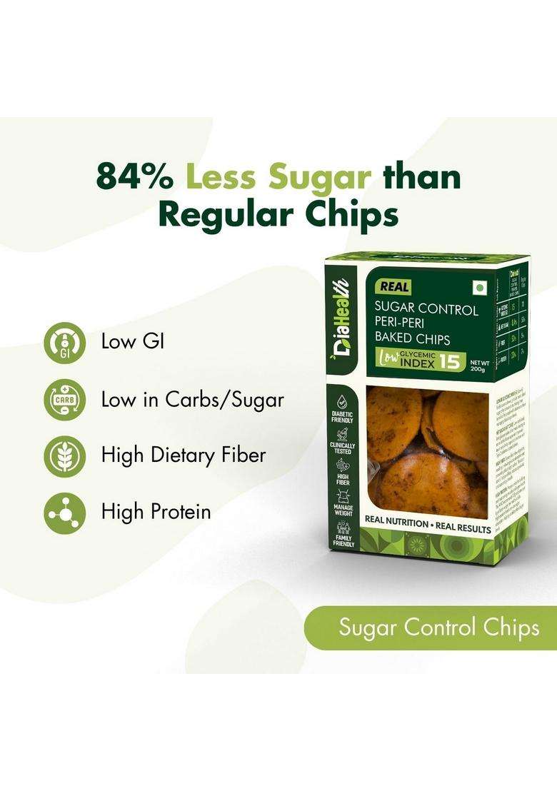 Diahealth Diabetic Care Peri-Peri Baked Chips, 200 Gms, 1 Pack, Low Glycemix Index (15) & High Protein/Serv, Taste Just Like Regular Carb, Prebiotic Fibre, For Diabetics And Weightloss - Indya