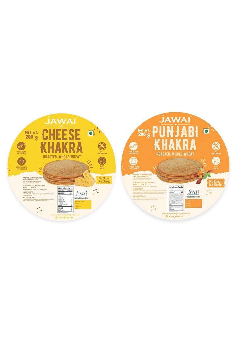 Jawai Roasted Whole Wheat Khakra Combo - Cheese & Punjbai Khakhra, Crispy Crunchy, 100% Natural Ingredients, Ready To Eat Healthy Snacks Vaccum Packed (Pack Of 2-200 Gms Each) - Indya