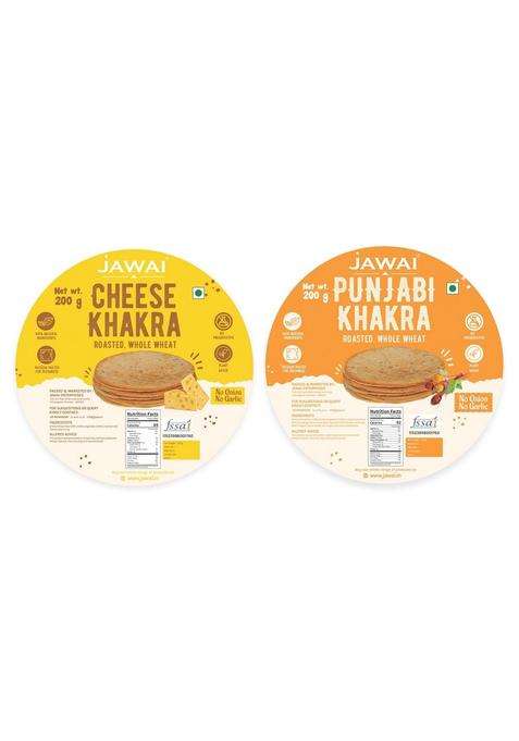 Jawai Roasted Whole Wheat Khakra Combo - Cheese & Punjbai Khakhra, Crispy Crunchy, 100% Natural Ingredients, Ready To Eat Healthy Snacks Vaccum Packed (Pack Of 2-200 Gms Each)