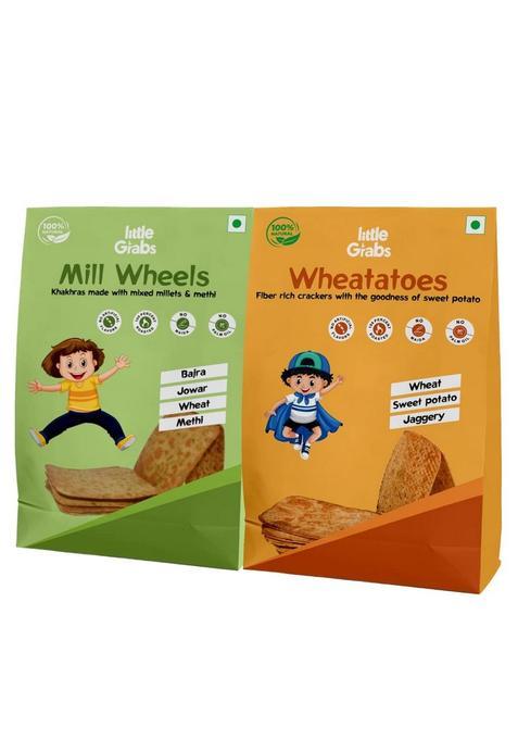 Little Grabs 2 Flavor Mill Wheels Jowar/Bajra & Wheatatoes Sweet Potato Khakhra | 100% Natural No Palm Oil Maida Roasted (Pack Of 4)