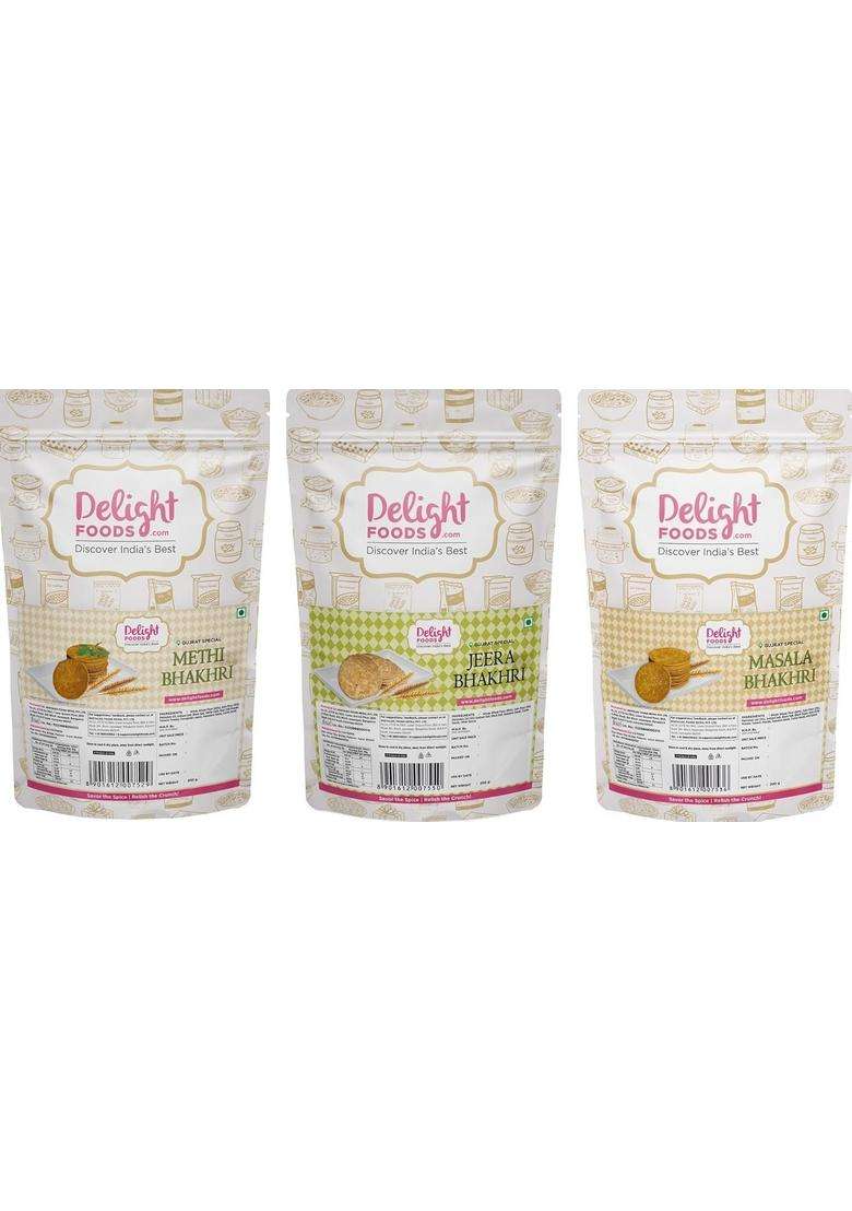 Delight Foods Bhakri Snacks, 600G | Roasted Healthy Gujarati Snacks Whole Wheat Methi, Masala, Jeera Bhakhri - 200 Gms Each (Pack Of 3) - Indya