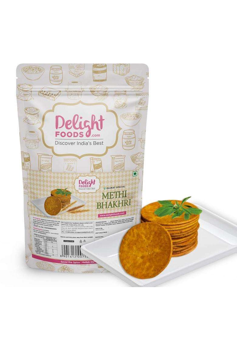 Delight Foods Bhakri Snacks, 600G | Roasted Healthy Gujarati Snacks Whole Wheat Methi, Masala, Jeera Bhakhri - 200 Gms Each (Pack Of 3) - Indya