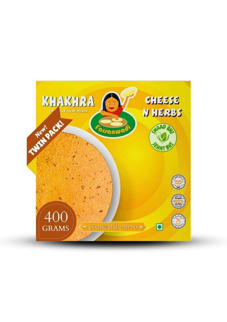 Farsanwadi Khakhra Snacks Fresh Gujarati Classic - Peri Punch Mild Flavors High-Fiber, Low-Oil, Air-Fried Healthy Snack, Light, Crispy & Perfect For Snacking 400 Grams (Twin Pack) (Cheese N Herbs Twin - Indya