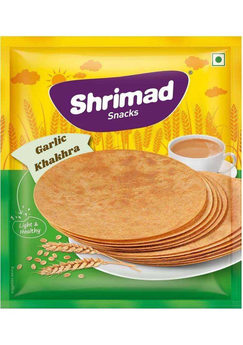 Shrimad Garlic Khakhra Crispy Roasted Diet-Friendly Ready To Eat Gujarati Snack Round Whole Wheat Made With 100% Natural Ingredients - Indya