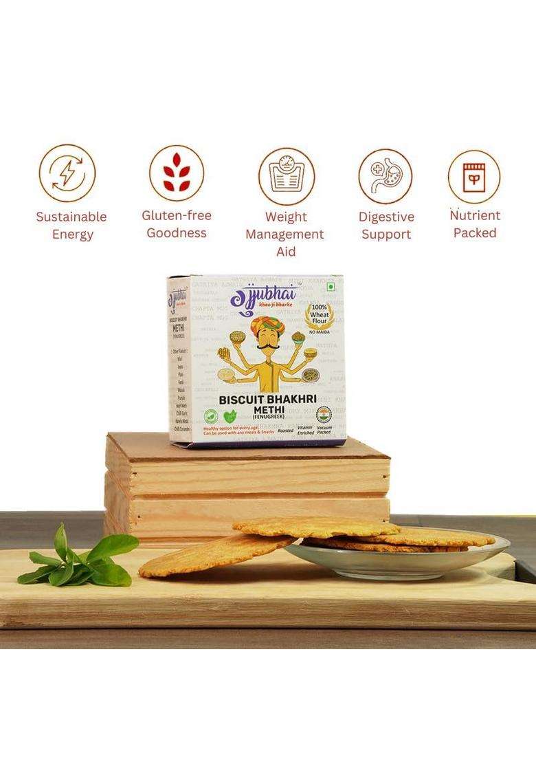 Gujjubhai Biscuit Bhakhri Methi 180G (Pack Of 3) | Crispy Fenugreek Indian Snack Healthy Roasted For Tea-Time, Travel & Office Namkeen With Authentic Homemade Flavor - Indya
