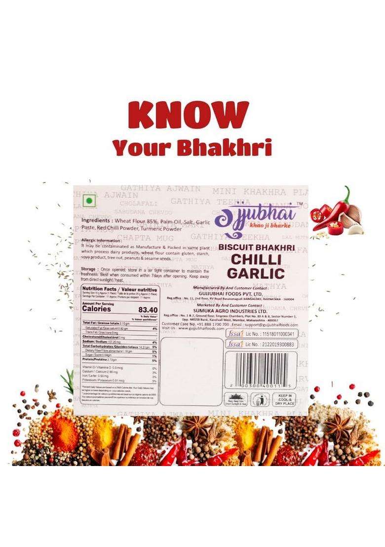 Gujjubhai Biscuit Bhakhri Chilli Garlic 180G | Crispy & Flavorful Indian Snack Spicy Flavored Roasted Healthy Tea-Time Perfect For Travel, Office_Pack Of 3 - Indya