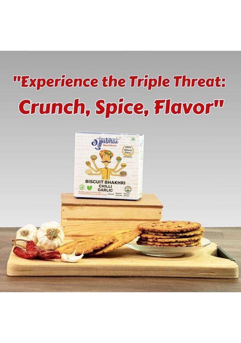 Gujjubhai Biscuit Bhakhri Chilli Garlic 180G | Crispy & Flavorful Indian Snack Spicy Flavored Roasted Healthy Tea-Time Perfect For Travel, Office_Pack Of 3 - Indya