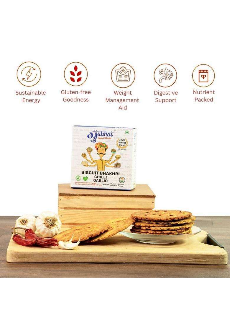Gujjubhai Biscuit Bhakhri Chilli Garlic 180G | Crispy & Flavorful Indian Snack Spicy Flavored Roasted Healthy Tea-Time Perfect For Travel, Office_Pack Of 3 - Indya