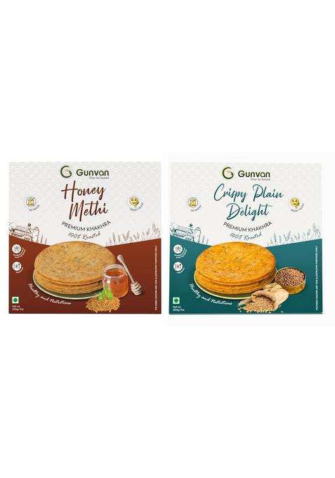 Gunvan Honey Methi Khakhra With Crispy Plain Delight Khakra Light & Roasted Snack (Each 200Gm Pack Of 2)