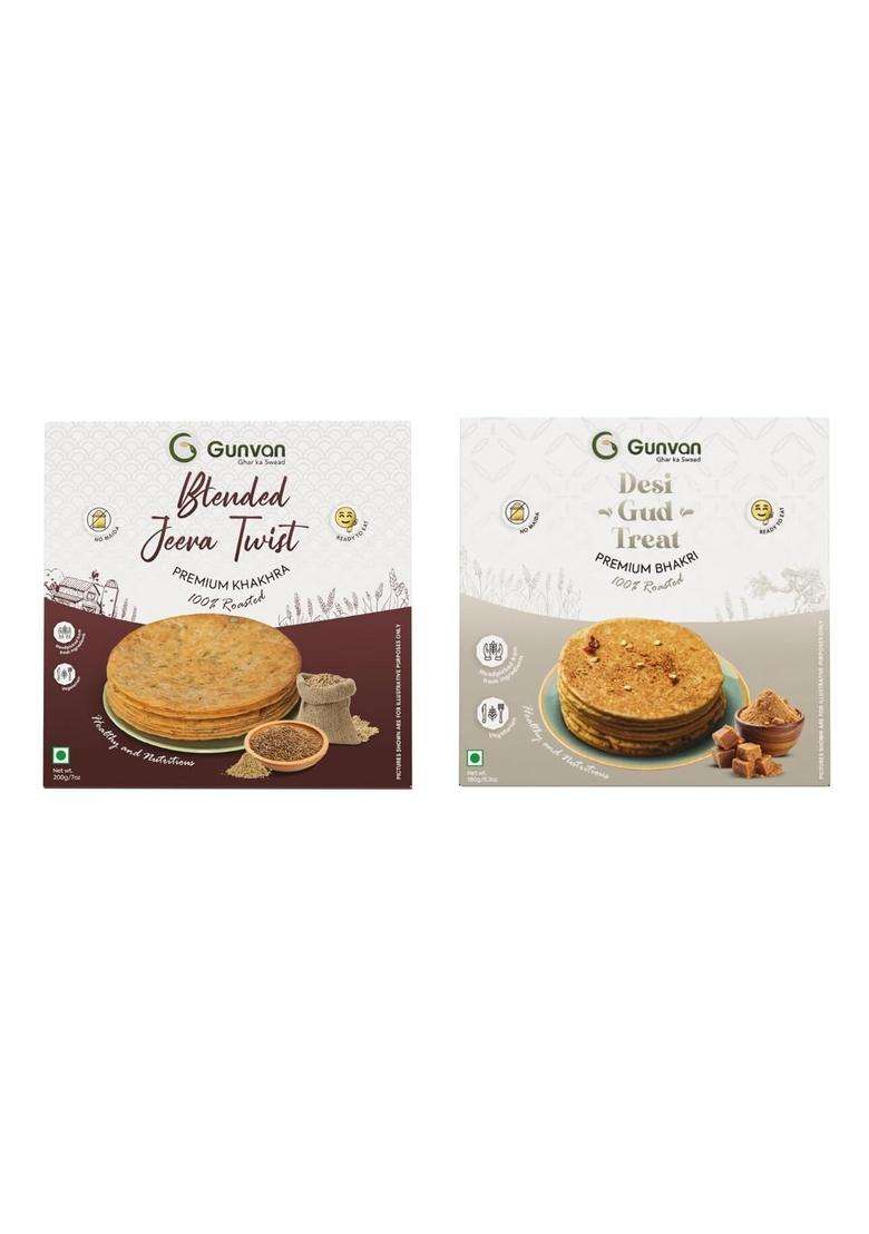 Gunvan Blended Jeera Twist Khakhra 200 Gm With Desi Gud Treat Bhakri 180 Crispy & Roasted Indian Snack | Infused Aromatic Cumin, Pack Of 2 - Indya