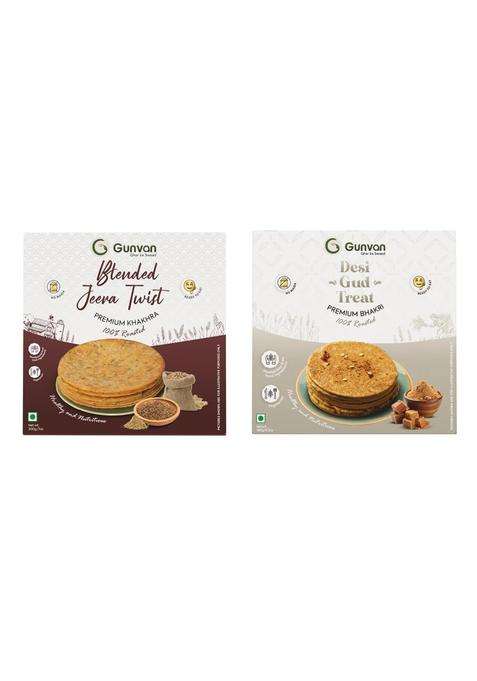 Gunvan Blended Jeera Twist Khakhra 200 Gm With Desi Gud Treat Bhakri 180 Crispy & Roasted Indian Snack | Infused Aromatic Cumin, Pack Of 2