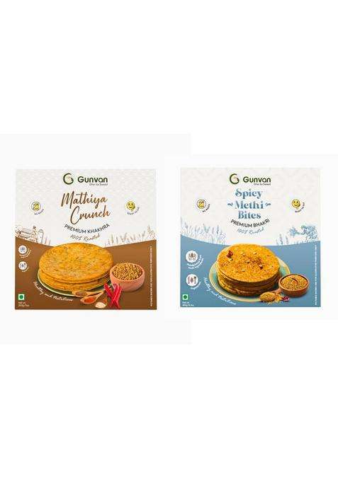 Gunvan Mathiya Combo Pack Of 2 Crunch Khakra 200Gm With Methi Bhakri Bites 180Gm Crispy & Roasted Snack | Traditional Indian Flavors Healthy Guilt-Free