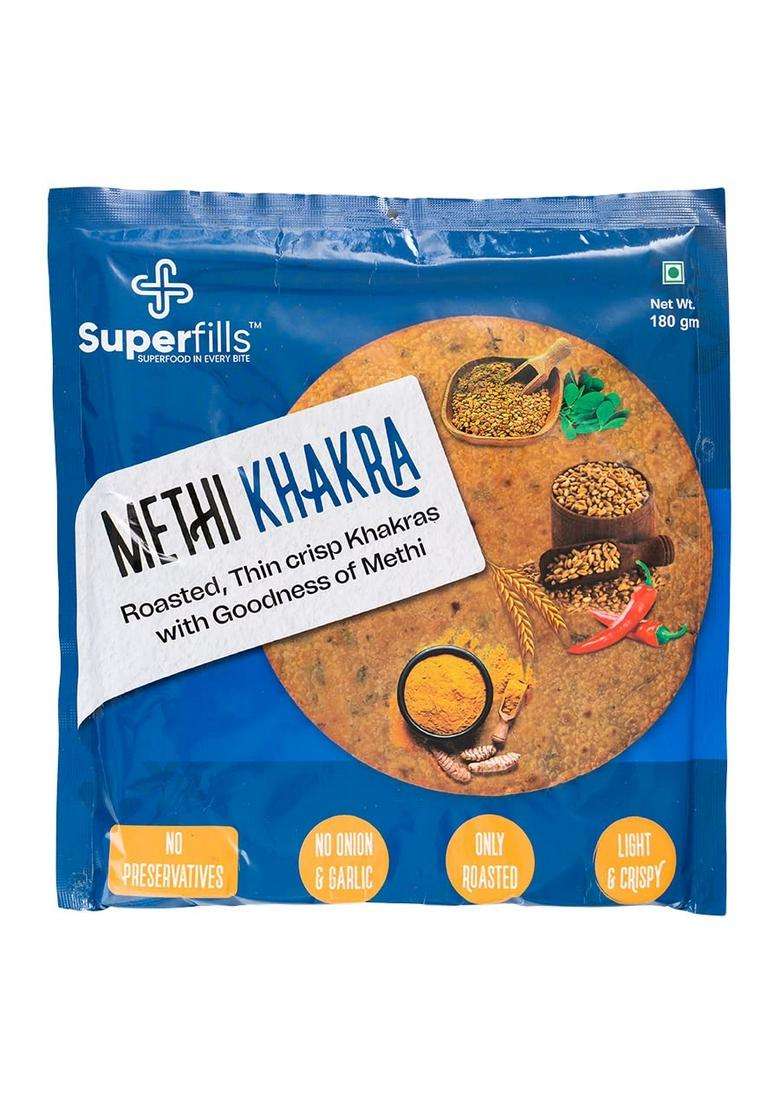 Superfills Flavored Methi Khakhra |Gujrati Indian Snacks |Healthy Wheat Crisps,Chai Time|Ready To Eat,Instant Snack |Buy 2,Get 5% Off|100% Natural Ingredient |Diet Friendly(360G, Pack Of 2) - Indya