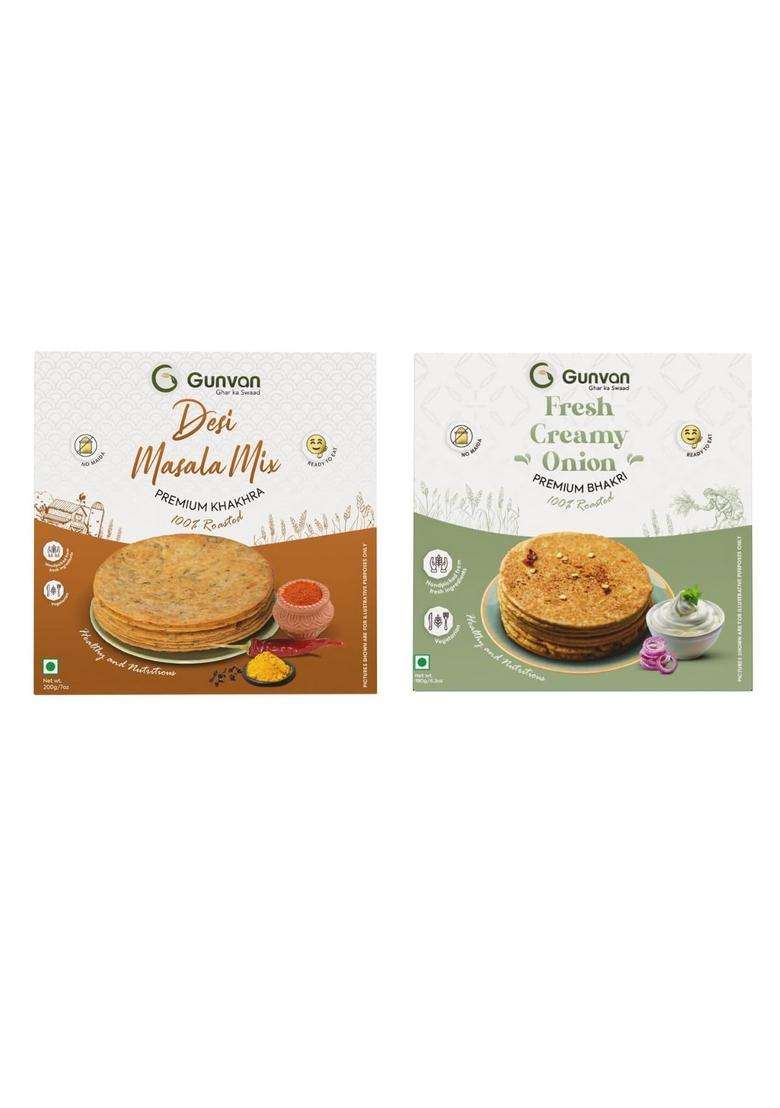 Gunvan Fresh Creamy Onion Bhakri 180 Gm With Desi Masala Mix Khakhra 200 Crispy & Spiced Roasted Snack | Authentic Indian Flavors Perfect Tea-Time Treat - Indya