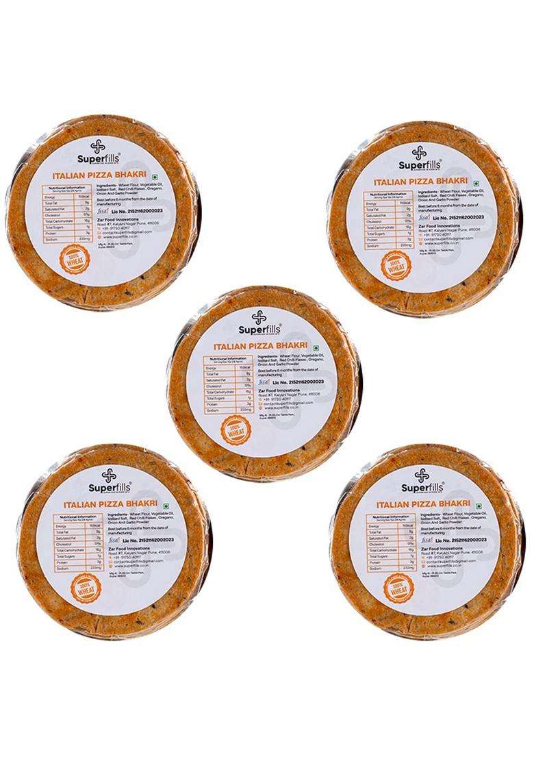 Superfills Pizza Bhakri 1000Gram Ready-To-Eat Gujarati Healthy Snack Vegetarian With Natural Ingredients Good-Quality Whole Wheat Perfect For Chai Time (Pack Of 5) - Indya