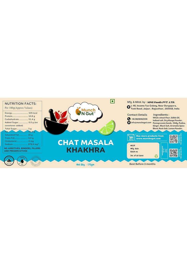 Munch N Gut Chat Masala Khakhra | Crispy Ready To Eat High Protein Fiber| No Palm Oil (175G) - Indya
