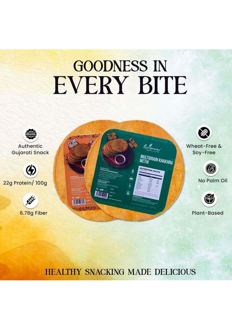 Poshgrains Multigrain Khakhra | 22G Protein & 6.78G Fiber Wheat-Free, Palm Oil-Free Healthy Gujarati Snack 170G Each (Pack Of 2, Masala Methi Flavour) - Indya