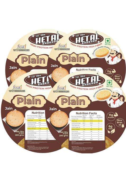Hetal Khakhra Plain | Jain Crispy Ready To Eat High Protein Fiber| No Palm Oil 200G Vacuum Pack Of 4