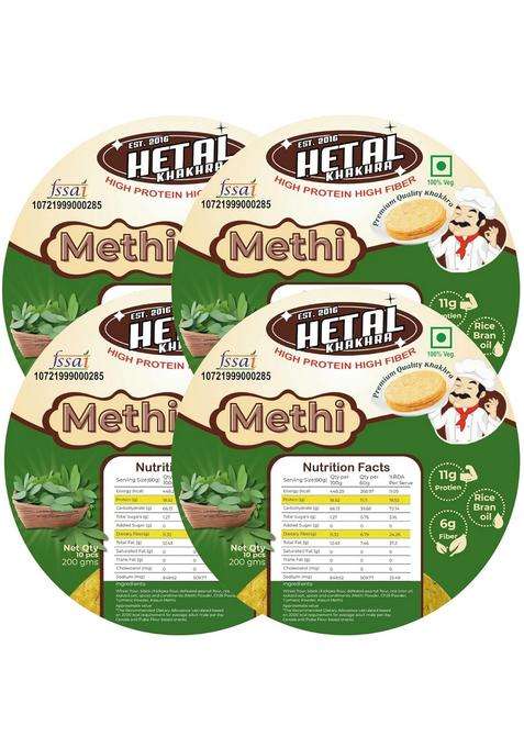 Hetal Khakhra Methi | Jain Crispy Ready To Eat High Protein Fiber| No Palm Oil 200G Vacuum Pack Of 4