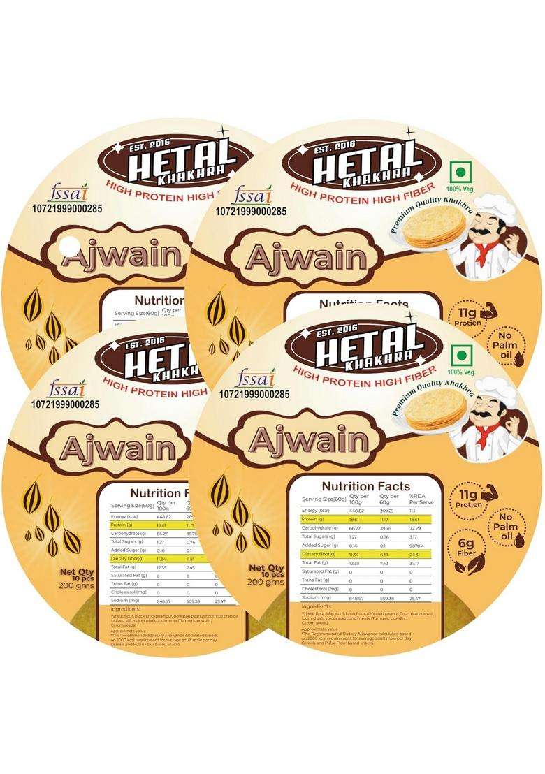 Hetal Khakhra Ajwain | Jain Crispy Ready To Eat High Protein Fiber| No Palm Oil 200G Vacuum Pack Of 4 - Indya