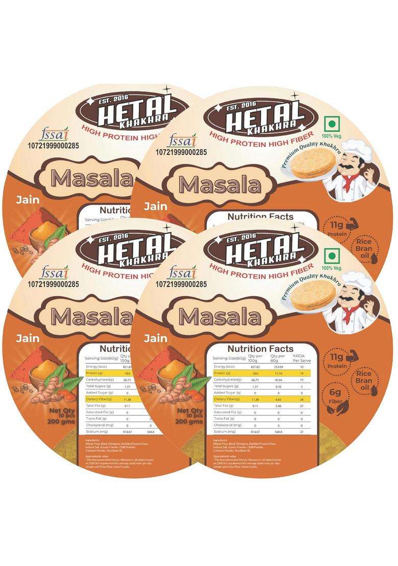 Hetal Khakhra Masala | Jain Crispy Ready To Eat High Protein Fiber| No Palm Oil 200G Vacuum Pack Of 4 - Indya