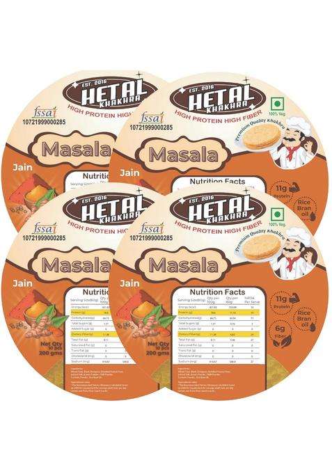Hetal Khakhra Masala | Jain Crispy Ready To Eat High Protein Fiber| No Palm Oil 200G Vacuum Pack Of 4