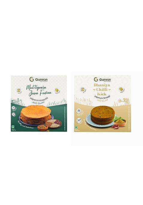 Gunvan Multigrain Jeera Fusion Khakhra 200Gm With Dhaniya Chilli Kick 180Gm Bold & Spicy Bhakri Pack Of 2