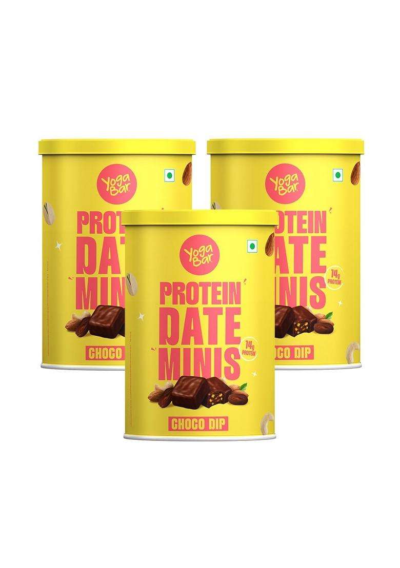 Yogabar Protein Date Minis Bites Choco Dip 3G Each - Chocolate Coated Nuts & Dates Made With Dates, Almonds, Cashews, Pista 200G Pack Of 3 (30N X 20G) - Indya