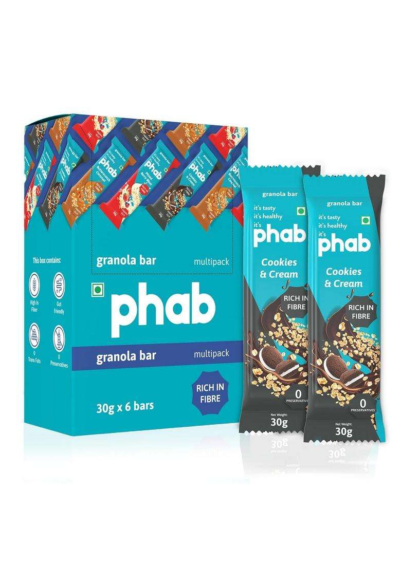 Phab Cookies & Cream Granola Snack Bars|Healthy Cereal Breakfast Bar|High Fiber, Gut-Friendly|No Trans Fat, No Preservatives|Source Of Protein|Goodness Rolled Oats (Pack 6X 30 Gram) - Indya