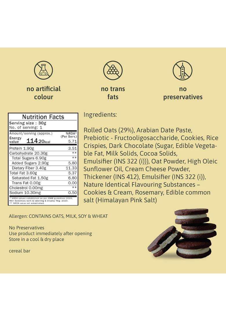 Phab Cookies & Cream Granola Snack Bars|Healthy Cereal Breakfast Bar|High Fiber, Gut-Friendly|No Trans Fat, No Preservatives|Source Of Protein|Goodness Rolled Oats (Pack 6X 30 Gram) - Indya