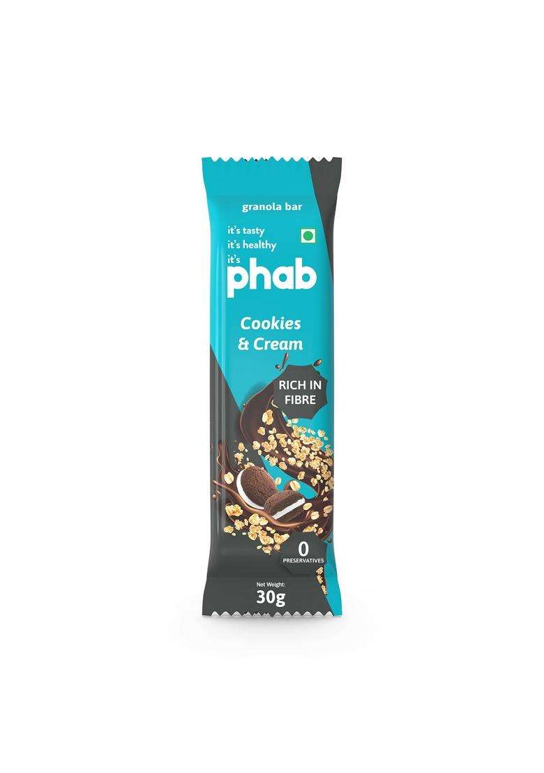 Phab Cookies & Cream Granola Snack Bars|Healthy Cereal Breakfast Bar|High Fiber, Gut-Friendly|No Trans Fat, No Preservatives|Source Of Protein|Goodness Rolled Oats (Pack 6X 30 Gram) - Indya