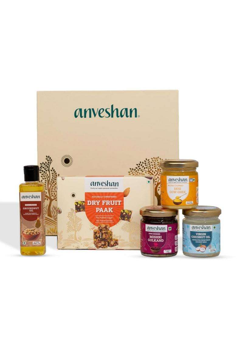Anveshan Diwali Gift Hamper - Dry Fruit Paak, A2 Desi Cow Ghee, Wood-Pressed Groundnut Oil, Cold Pressed Virgin Coconut Oil & Mishri Gulkand | Festive Box For Gifting - Indya