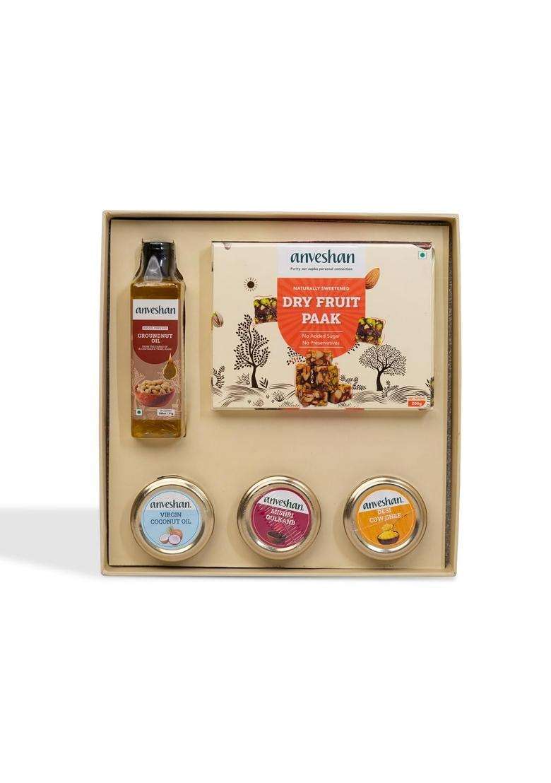 Anveshan Diwali Gift Hamper - Dry Fruit Paak, A2 Desi Cow Ghee, Wood-Pressed Groundnut Oil, Cold Pressed Virgin Coconut Oil & Mishri Gulkand | Festive Box For Gifting - Indya
