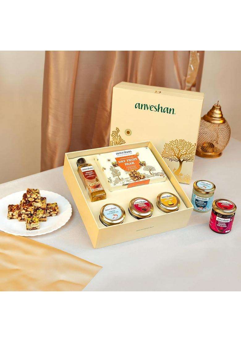 Anveshan Diwali Gift Hamper - Dry Fruit Paak, A2 Desi Cow Ghee, Wood-Pressed Groundnut Oil, Cold Pressed Virgin Coconut Oil & Mishri Gulkand | Festive Box For Gifting - Indya