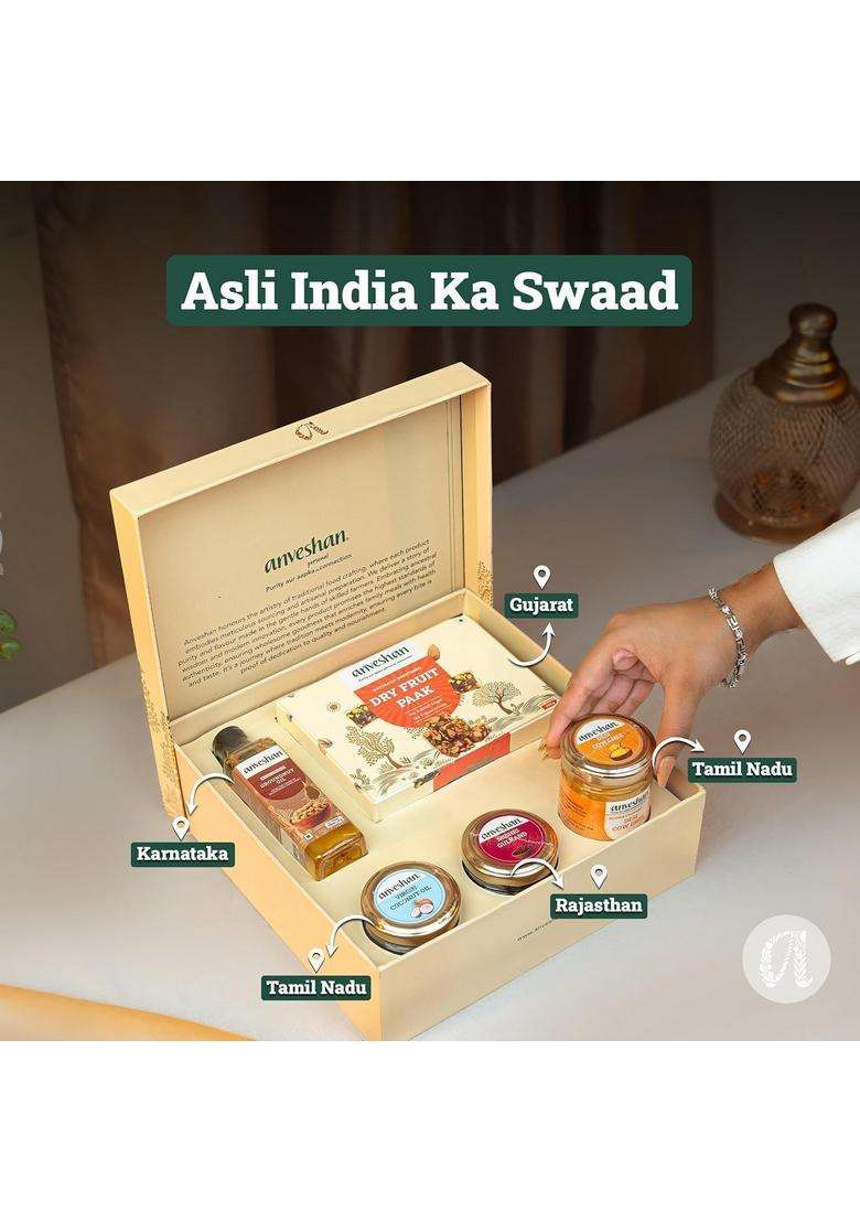 Anveshan Diwali Gift Hamper - Dry Fruit Paak, A2 Desi Cow Ghee, Wood-Pressed Groundnut Oil, Cold Pressed Virgin Coconut Oil & Mishri Gulkand | Festive Box For Gifting - Indya