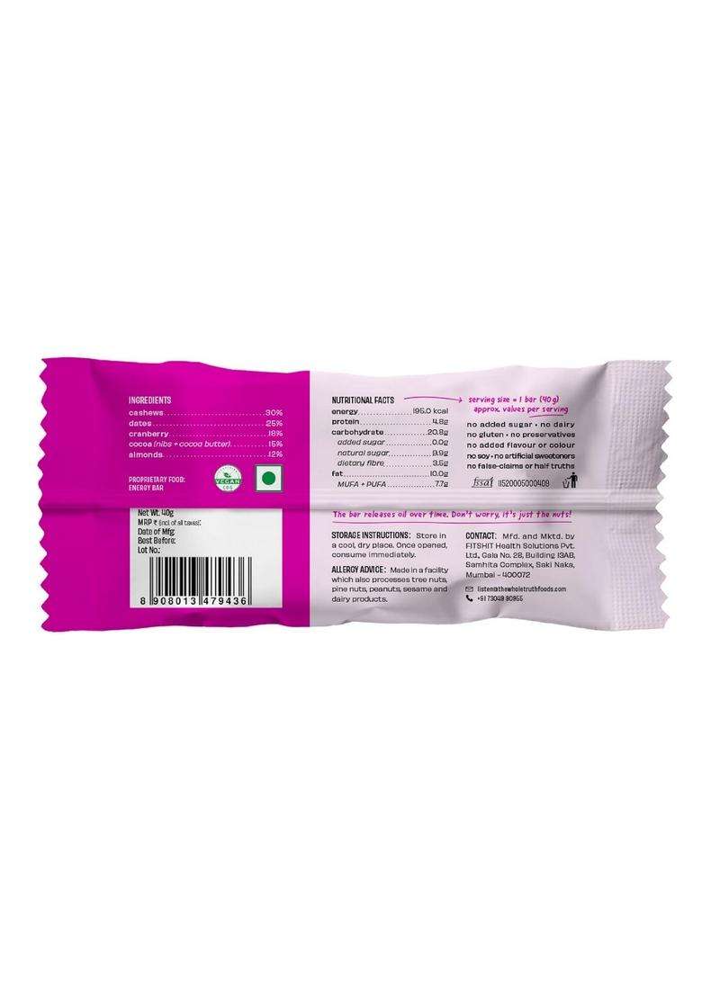 The Whole Truth - Energy Bars | Cocoa Cranberry Fudge Pack Of 6 X 40G No Artificial Sweetener Preservatives All Natural Healthy Snack - Indya