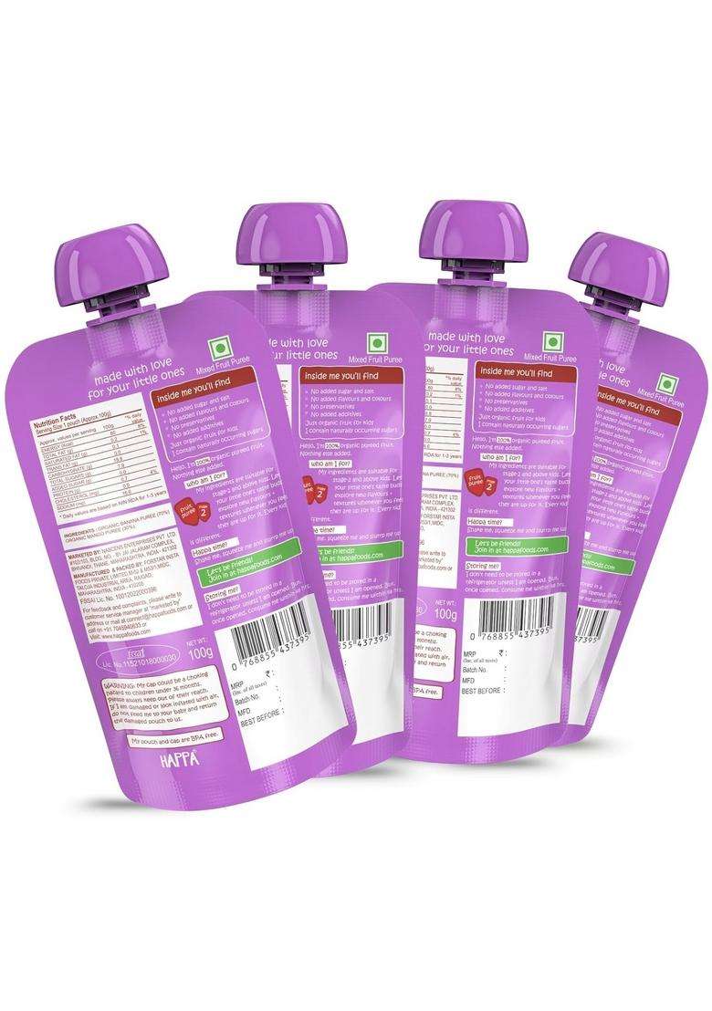 Happa Healthy Baby Food Mango And Banana Puree | 100% Fruits No Added Sugar, Milk Powder, Preservatives Stage 2 (6 Months+) Ready To Eat Free From Common Allergens Pack Of 4 (100G Pack) - Indya