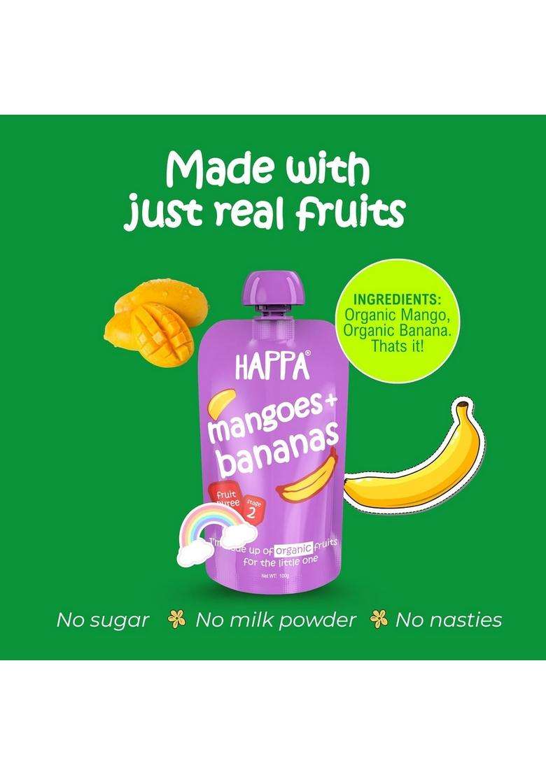 Happa Healthy Baby Food Mango And Banana Puree | 100% Fruits No Added Sugar, Milk Powder, Preservatives Stage 2 (6 Months+) Ready To Eat Free From Common Allergens Pack Of 4 (100G Pack) - Indya