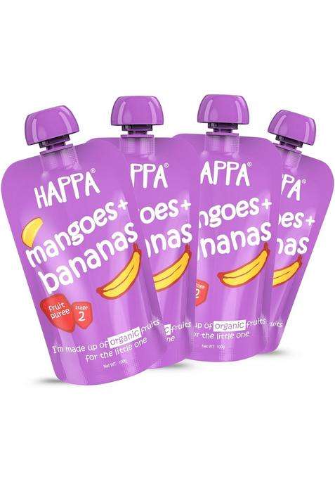 Happa Healthy Baby Food Mango And Banana Puree | 100% Fruits No Added Sugar, Milk Powder, Preservatives Stage 2 (6 Months+) Ready To Eat Free From Common Allergens Pack Of 4 (100G Pack)