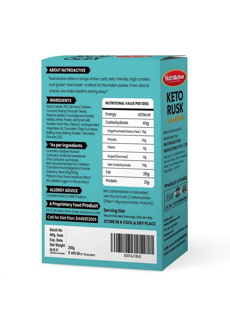Nutroactive Keto Almond Rusk | Sugar-Free Healthy Snack For Weight Loss - 200G - Indya