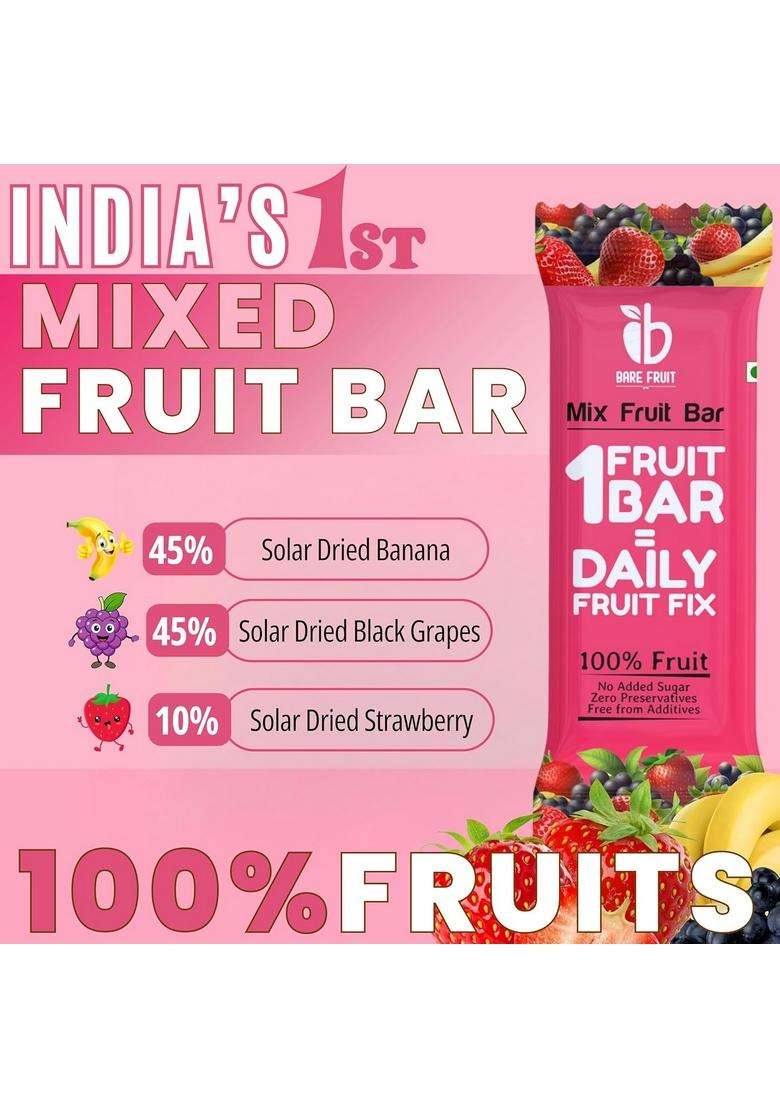 Barefruit 100% Mix Fruit Bar|Healthy Breakfast Diet Energy Snacking Bar For Kids & Adults|Plant Based Protein Fibre - Rich In Vitamin A, C,Magnesium Iron|No Added Sugar, Zero Preservatives,200 G - Indya