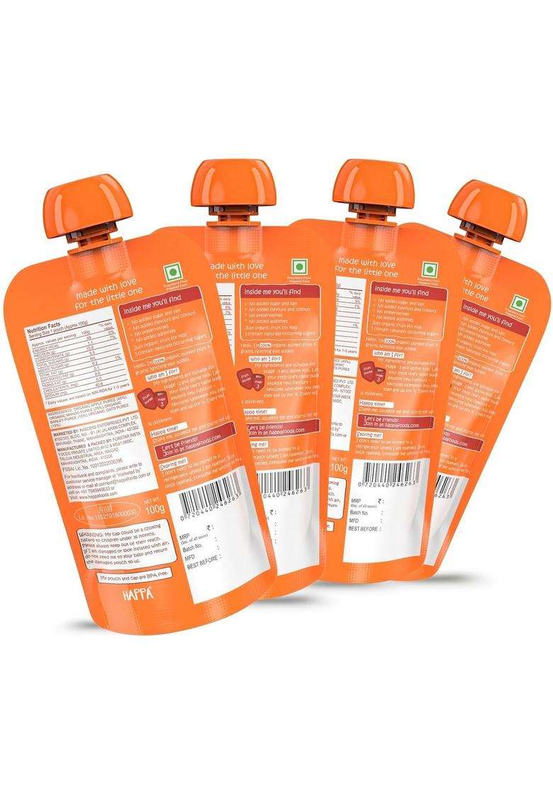 Happa Organic Baby Food Apple Mango And Multigrain Puree | 100% Fruits No Added Sugar, Milk Powder, Preservatives Stage 3 (8 Months+) Ready To Eat Free From Common Allergens Pack Of 4 (100G Each) - Indya